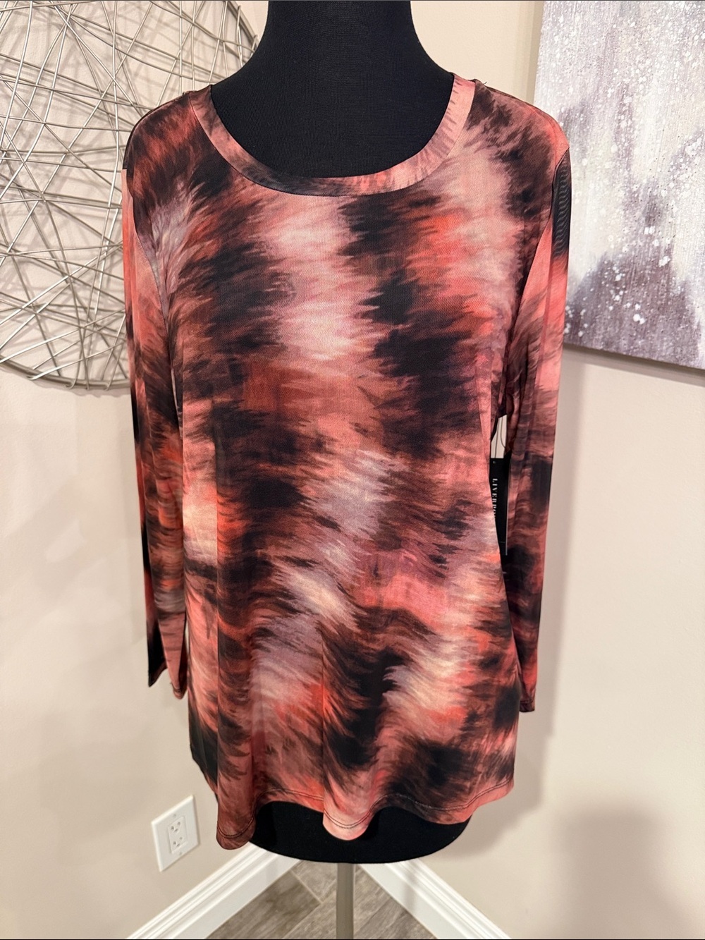 Liverpool Semi Sheer Pink/Peach and Black Tie-Dye Long Sleeve Top size XL